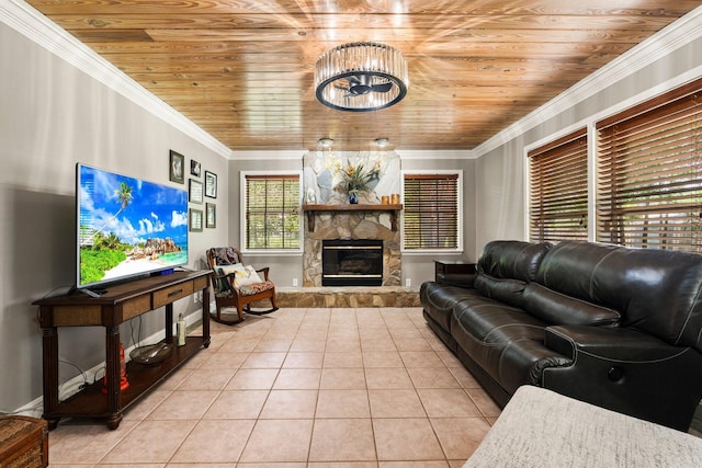 16673 75th Way N, Palm Beach Gardens, FL 33418 - living area featuring wood ceiling, light tile patterned flooring, a fireplace, and crown molding