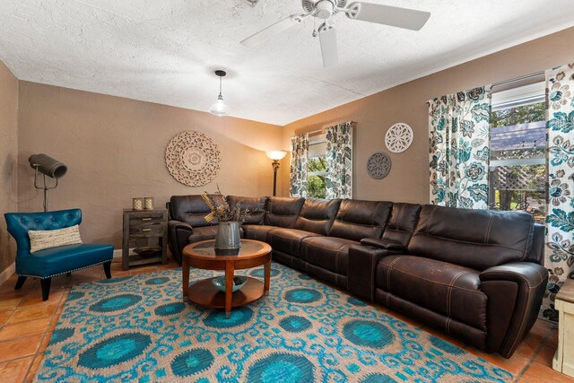 16673 75th Way N, Palm Beach Gardens, FL 33418 - living room featuring a ceiling fan and a textured ceiling