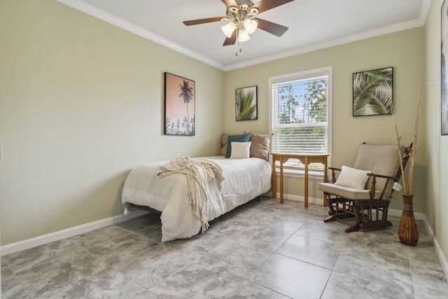 1649 Talbott St SE, Palm Bay, FL 32909 - bedroom with crown molding, baseboards, light tile patterned flooring, and a ceiling fan