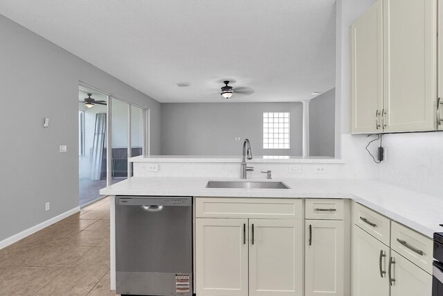 123 Canterbury Pl, Royal Palm Beach, FL 33414 - kitchen featuring stainless steel dishwasher, ceiling fan, a sink, and a peninsula