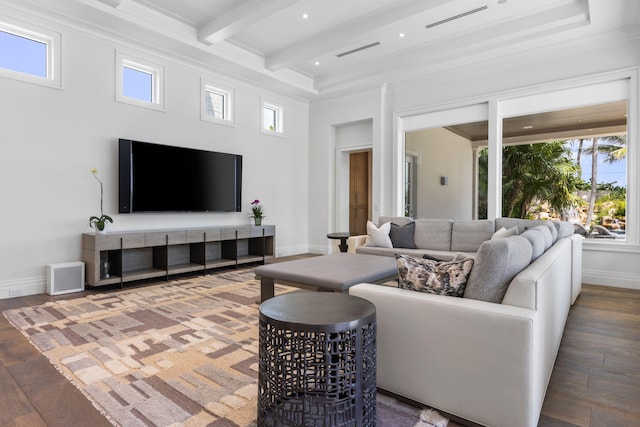 526 N Ocean Blvd, Delray Beach, FL 33483 - living area with beamed ceiling, wood finished floors, healthy amount of natural light, baseboards, and crown molding