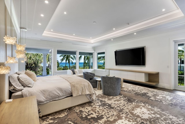 526 N Ocean Blvd, Delray Beach, FL 33483 - bedroom with access to exterior, a raised ceiling, recessed lighting, wood finished floors, and crown molding