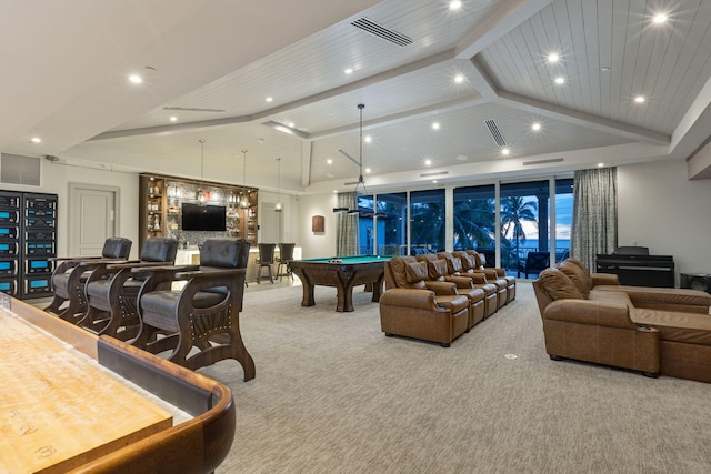 526 N Ocean Blvd, Delray Beach, FL 33483 - rec room with carpet flooring, billiards, recessed lighting, beam ceiling, and high vaulted ceiling