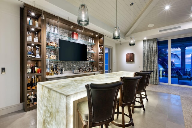 526 N Ocean Blvd, Delray Beach, FL 33483 - indoor wet bar featuring vaulted ceiling, wooden ceiling, pendant lighting, recessed lighting, and decorative backsplash