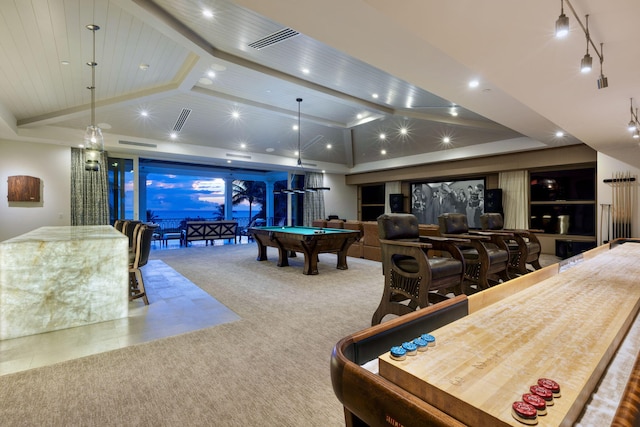 526 N Ocean Blvd, Delray Beach, FL 33483 - recreation room with carpet, pool table, lofted ceiling, and recessed lighting