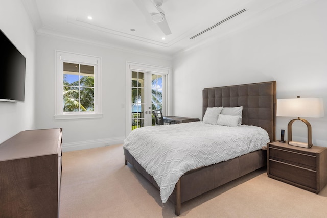 526 N Ocean Blvd, Delray Beach, FL 33483 - bedroom with light colored carpet, access to outside, ornamental molding, baseboards, and ceiling fan