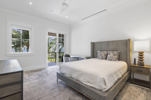 526 N Ocean Blvd, Delray Beach, FL 33483 - bedroom featuring access to outside, ornamental molding, baseboards, ceiling fan, and recessed lighting