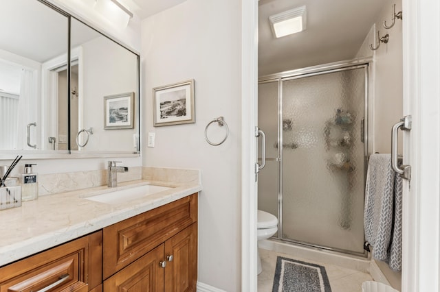 2000 Presidential Way Unit 205, West Palm Beach, FL 33401 - bathroom featuring vanity, a shower stall, toilet, and tile patterned flooring