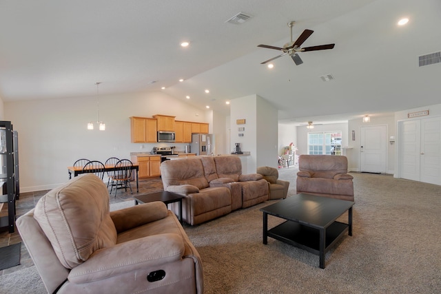 517 SW Cherryhill Rd, Port Saint Lucie, FL 34953 - living area featuring a ceiling fan, vaulted ceiling, recessed lighting, and carpet