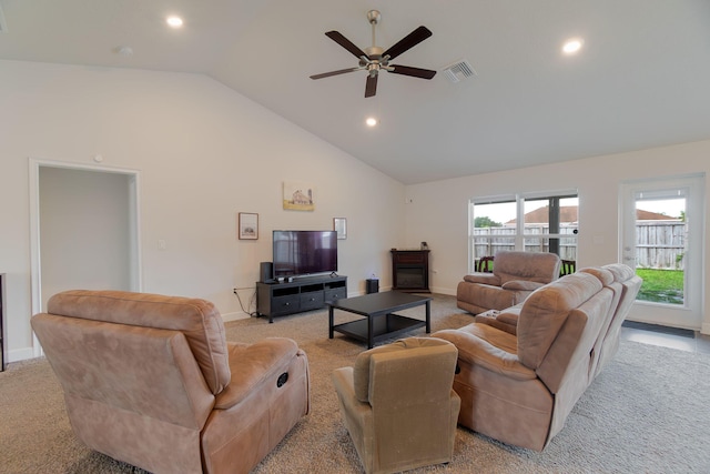 517 SW Cherryhill Rd, Port Saint Lucie, FL 34953 - living room featuring vaulted ceiling, recessed lighting, a ceiling fan, light carpet, and baseboards