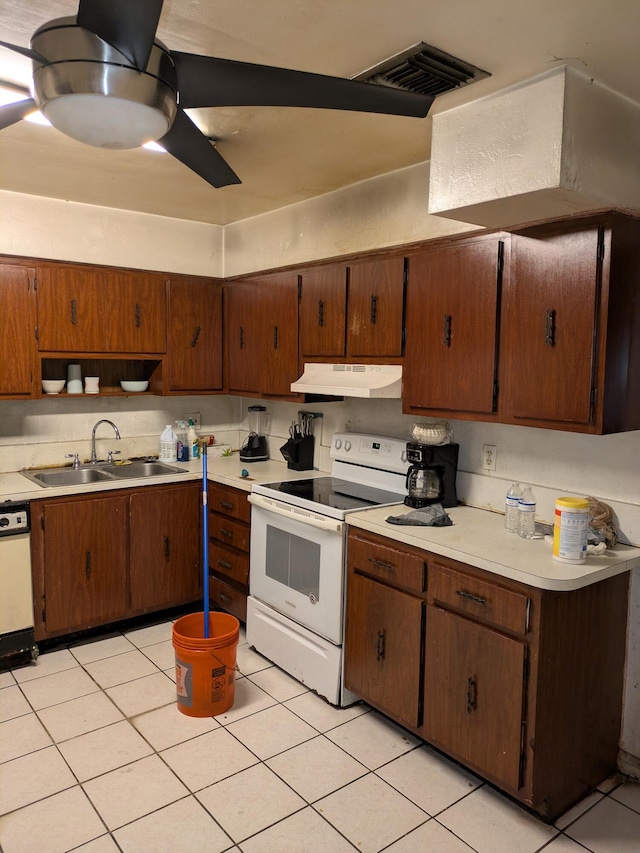 3900 Kenas St, West Palm Beach, FL 33403 - kitchen with white range with electric cooktop, under cabinet range hood, a sink, and light countertops