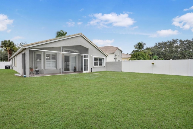 7216 Copperfield Cir, Lake Worth, FL 33467 - rear view of property featuring stucco siding, a sunroom, central air condition unit, and a tiled roof