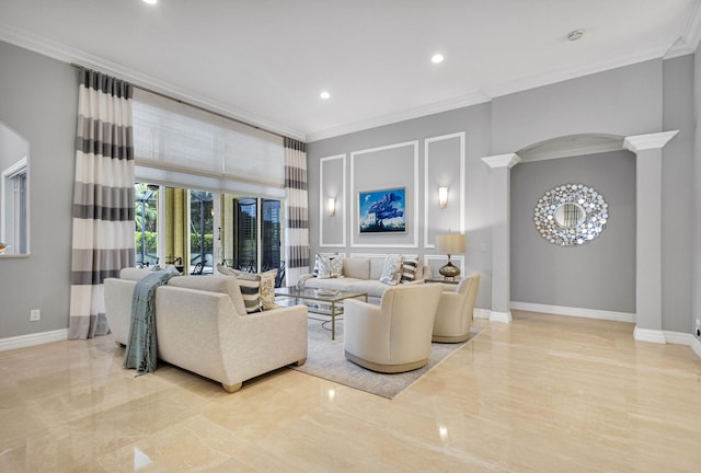 101 Sedona Way, Palm Beach Gardens, FL 33418 - living area featuring arched walkways, crown molding, marble tiled floors, decorative columns, and recessed lighting