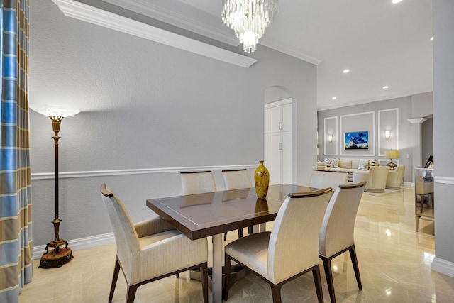 101 Sedona Way, Palm Beach Gardens, FL 33418 - dining room with crown molding, light marble finish flooring, recessed lighting, baseboards, and arched walkways