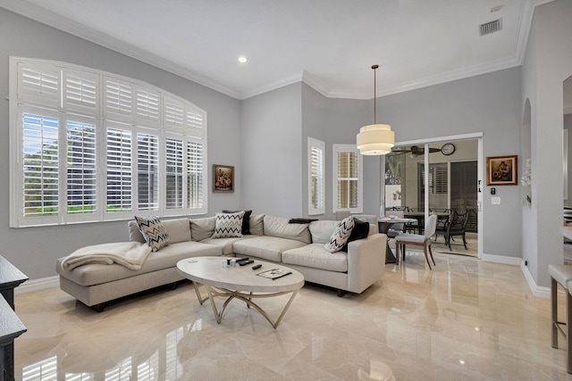 101 Sedona Way, Palm Beach Gardens, FL 33418 - living room with crown molding, light marble finish flooring, baseboards, and recessed lighting