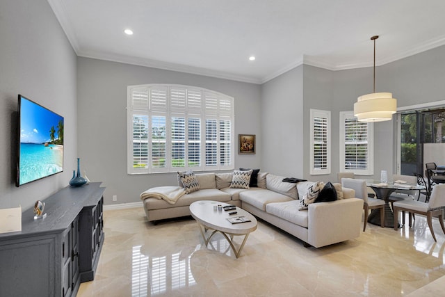 101 Sedona Way, Palm Beach Gardens, FL 33418 - living area with healthy amount of natural light, ornamental molding, recessed lighting, and baseboards