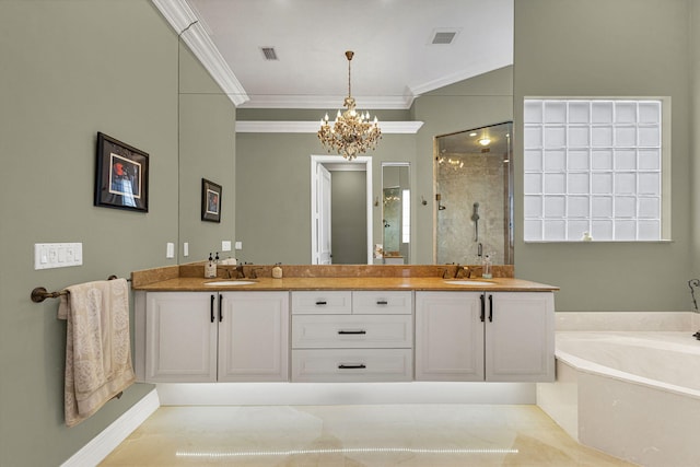 101 Sedona Way, Palm Beach Gardens, FL 33418 - bathroom featuring crown molding, a stall shower, double vanity, a garden tub, and a chandelier