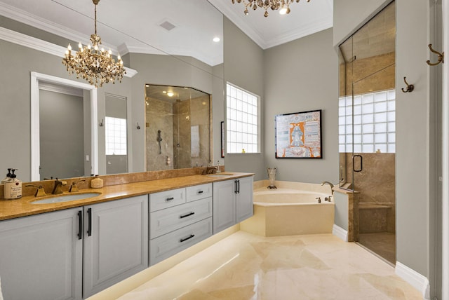 101 Sedona Way, Palm Beach Gardens, FL 33418 - bathroom with a chandelier, a garden tub, a stall shower, ornamental molding, and double vanity