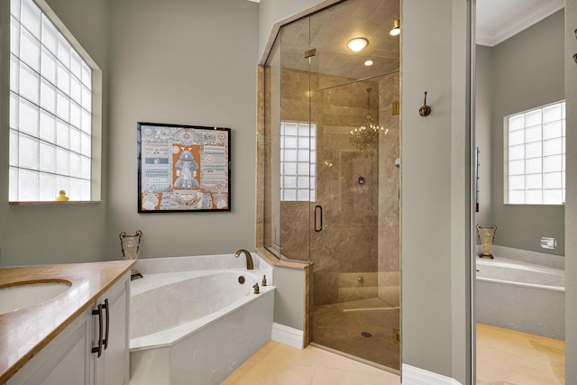 101 Sedona Way, Palm Beach Gardens, FL 33418 - full bathroom featuring a bath, a shower stall, vanity, baseboards, and crown molding
