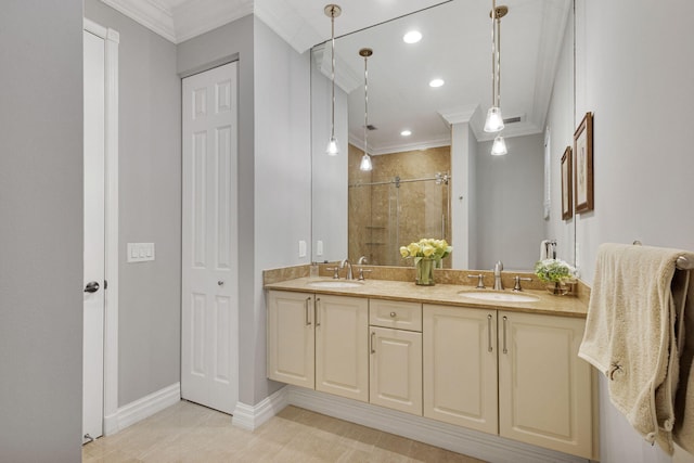 101 Sedona Way, Palm Beach Gardens, FL 33418 - bathroom with a shower stall, ornamental molding, double vanity, recessed lighting, and baseboards