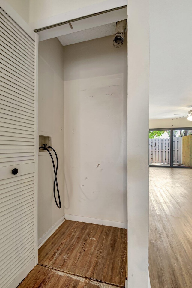 5171 Glencove Ln, West Palm Beach, FL 33415 - washroom featuring washer hookup, wood finished floors, ceiling fan, and baseboards