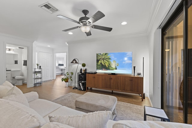 23 Lexington Ln W Unit A, Palm Beach Gardens, FL 33418 - living area featuring ceiling fan, wood finished floors, ornamental molding, baseboards, and recessed lighting