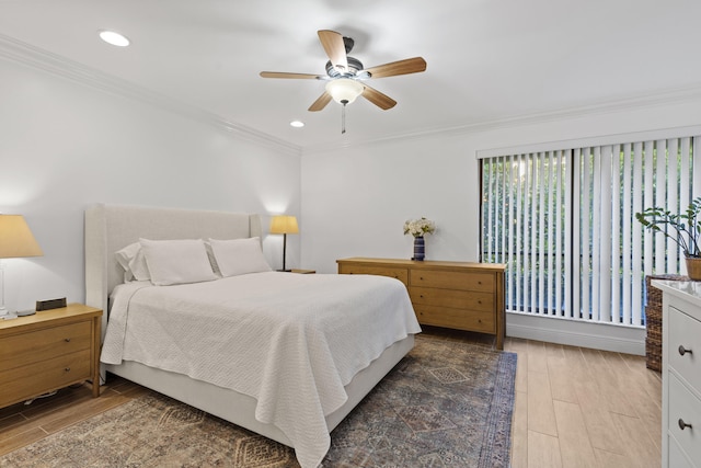 23 Lexington Ln W Unit A, Palm Beach Gardens, FL 33418 - bedroom with wood finished floors, ornamental molding, ceiling fan, and recessed lighting