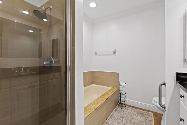 23 Lexington Ln W Unit A, Palm Beach Gardens, FL 33418 - full bathroom with a shower stall, a garden tub, a sink, toilet, and baseboards