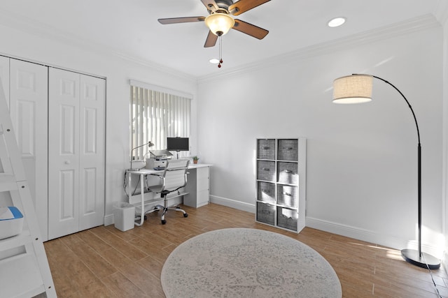 23 Lexington Ln W Unit A, Palm Beach Gardens, FL 33418 - office space featuring crown molding, light wood-type flooring, a ceiling fan, baseboards, and recessed lighting