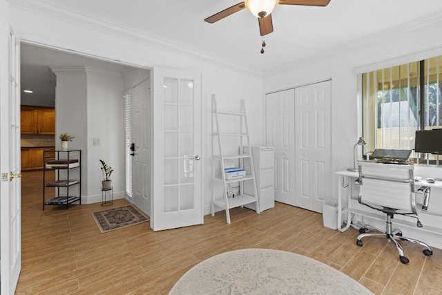 23 Lexington Ln W Unit A, Palm Beach Gardens, FL 33418 - office space featuring ceiling fan, ornamental molding, light wood-type flooring, and baseboards
