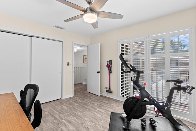 9300 SW 61st Way Unit A, Boca Raton, FL 33428 - exercise area featuring ceiling fan, light wood-style floors, and baseboards