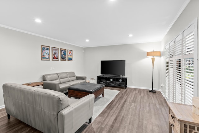 9300 SW 61st Way Unit A, Boca Raton, FL 33428 - living room featuring wood finished floors, ornamental molding, baseboards, and recessed lighting