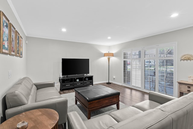 9300 SW 61st Way Unit A, Boca Raton, FL 33428 - living room featuring wood finished floors, recessed lighting, ornamental molding, and baseboards