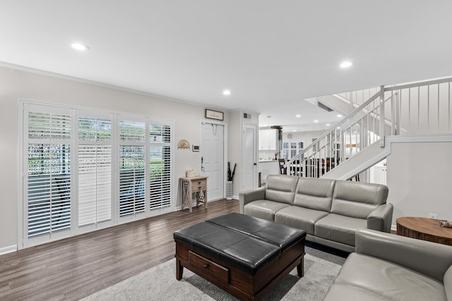 9300 SW 61st Way Unit A, Boca Raton, FL 33428 - living area featuring recessed lighting, wood finished floors, stairs, crown molding, and baseboards