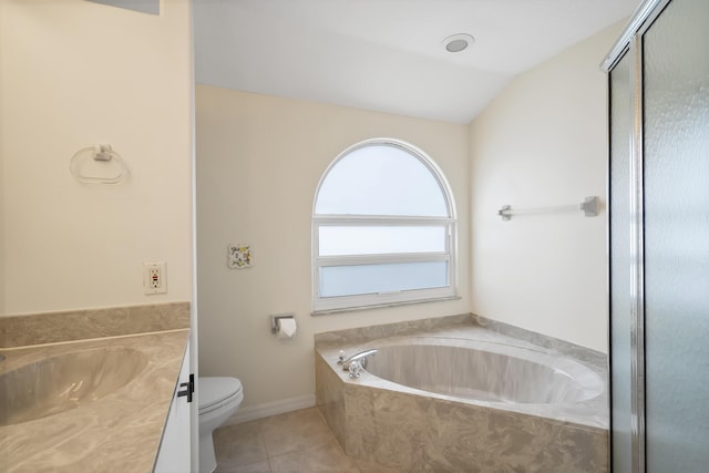 3048 SE Wake Rd, Port Saint Lucie, FL 34984 - bathroom featuring toilet, a garden tub, vanity, tile patterned flooring, and lofted ceiling