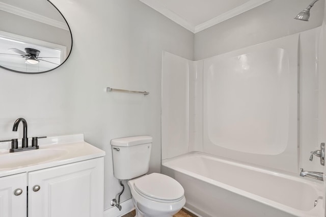 3322 Monterey Square Ln Unit 104, Fort Pierce, FL 34982 - bathroom featuring crown molding, vanity, shower / bath combination, toilet, and ceiling fan