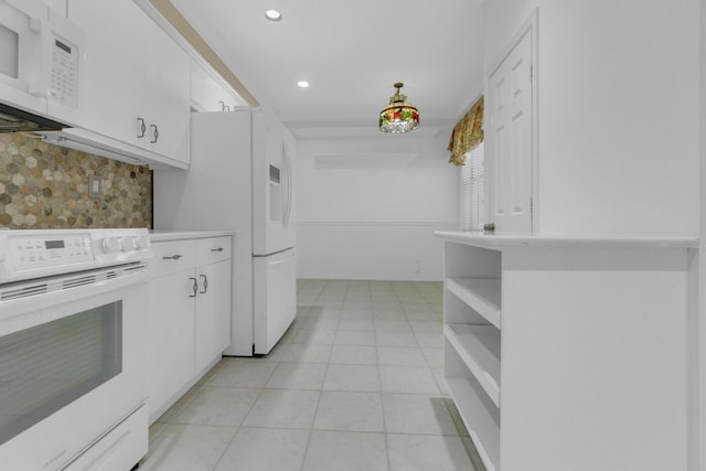 10664 Royal Caribbean Cir, Boynton Beach, FL 33437 - kitchen featuring white appliances, white cabinetry, tasteful backsplash, light countertops, and recessed lighting