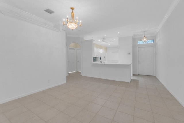 10664 Royal Caribbean Cir, Boynton Beach, FL 33437 - unfurnished living room with ornamental molding, a chandelier, recessed lighting, baseboards, and ceiling fan