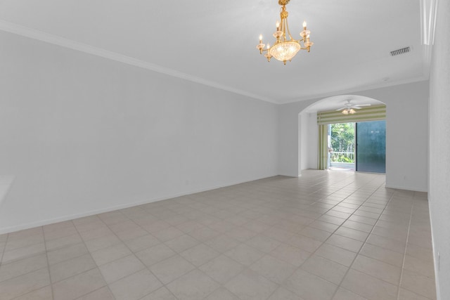 10664 Royal Caribbean Cir, Boynton Beach, FL 33437 - unfurnished room featuring arched walkways, ornamental molding, a chandelier, and baseboards