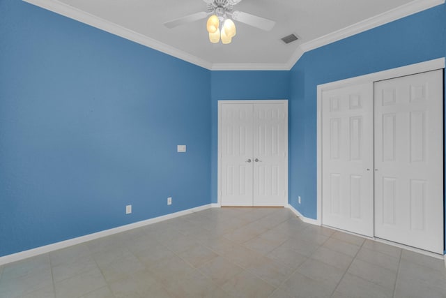 10664 Royal Caribbean Cir, Boynton Beach, FL 33437 - unfurnished bedroom with ornamental molding, baseboards, and ceiling fan