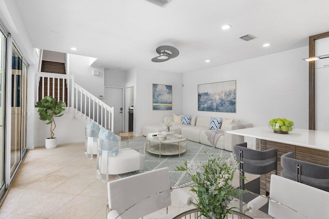 5779 Regency Cir W, Boca Raton, FL 33496 - living area featuring stairs, recessed lighting, light tile patterned flooring, and baseboards