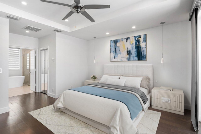5779 Regency Cir W, Boca Raton, FL 33496 - bedroom with dark wood finished floors, recessed lighting, baseboards, ensuite bathroom, and ceiling fan