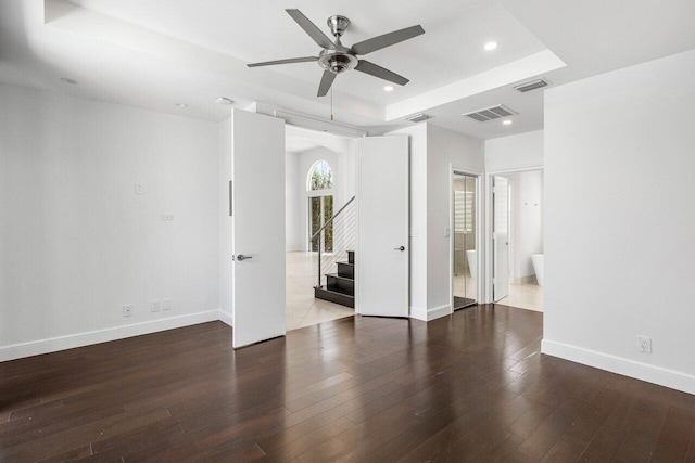 5779 Regency Cir W, Boca Raton, FL 33496 - unfurnished room with stairs, ceiling fan, hardwood / wood-style flooring, recessed lighting, and baseboards