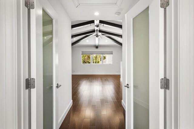 5779 Regency Cir W, Boca Raton, FL 33496 - corridor featuring baseboards, dark wood-style flooring, recessed lighting, and beamed ceiling