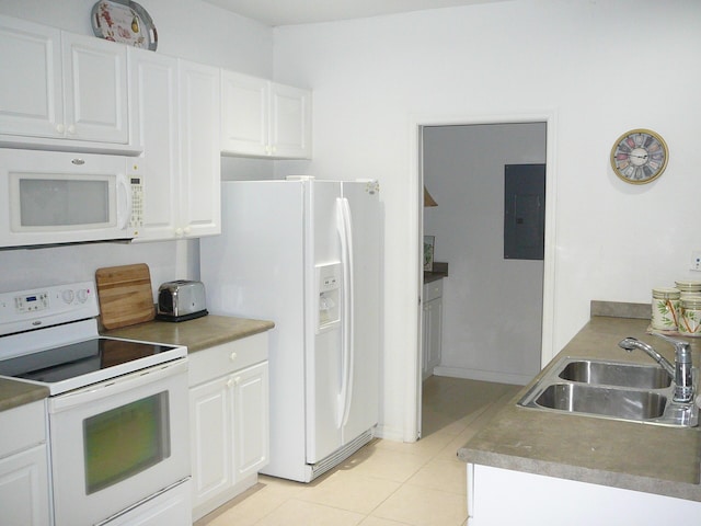 1840 E Sanderling Ln Unit 1, Fort Pierce, FL 34982 - kitchen featuring white appliances, a sink, electric panel, white cabinetry, and light tile patterned floors