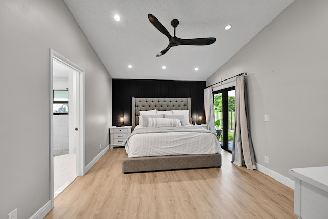23283 Boca Trace Dr, Boca Raton, FL 33433 - bedroom featuring access to exterior, light wood-style flooring, vaulted ceiling, recessed lighting, and baseboards