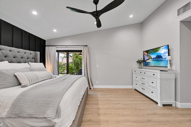 23283 Boca Trace Dr, Boca Raton, FL 33433 - bedroom featuring vaulted ceiling, light wood-type flooring, recessed lighting, baseboards, and ceiling fan