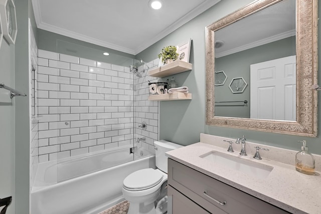23283 Boca Trace Dr, Boca Raton, FL 33433 - bathroom with vanity, toilet, bathing tub / shower combination, and ornamental molding