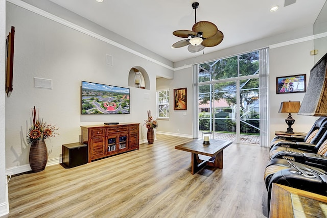 17233 Bermuda Village Dr, Boca Raton, FL 33487 - living room featuring ceiling fan, baseboards, wood finished floors, and recessed lighting