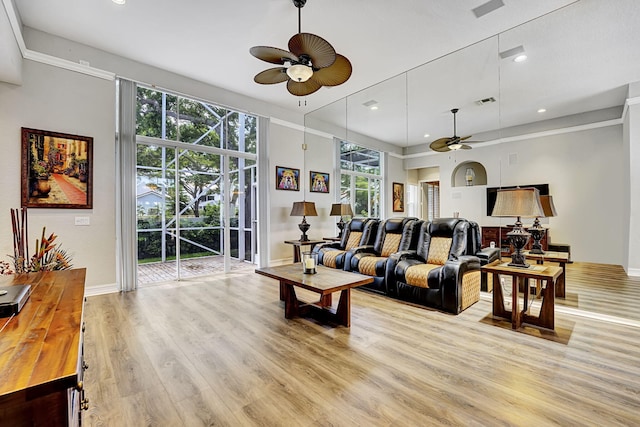 17233 Bermuda Village Dr, Boca Raton, FL 33487 - living area with a ceiling fan, light wood-style flooring, baseboards, and recessed lighting